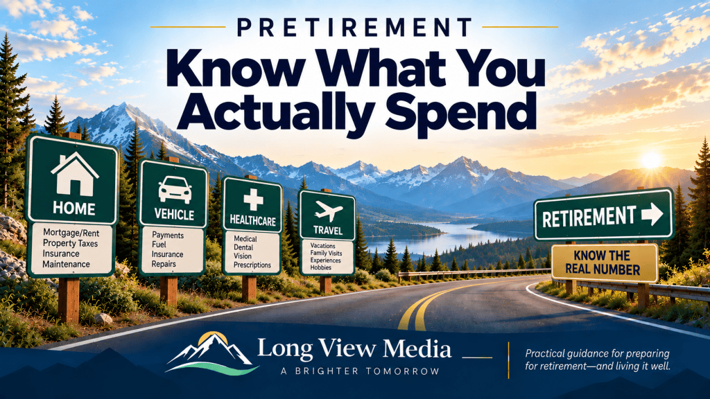 Pretirement: a mountain road lined with home, vehicle, healthcare, and travel expenses leading toward retirement, representing the importance of knowing what your life actually costs