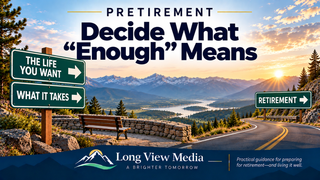 Pretirement: a mountain road with signs for the life you want, what it takes, and retirement, representing the process of deciding what “enough” means