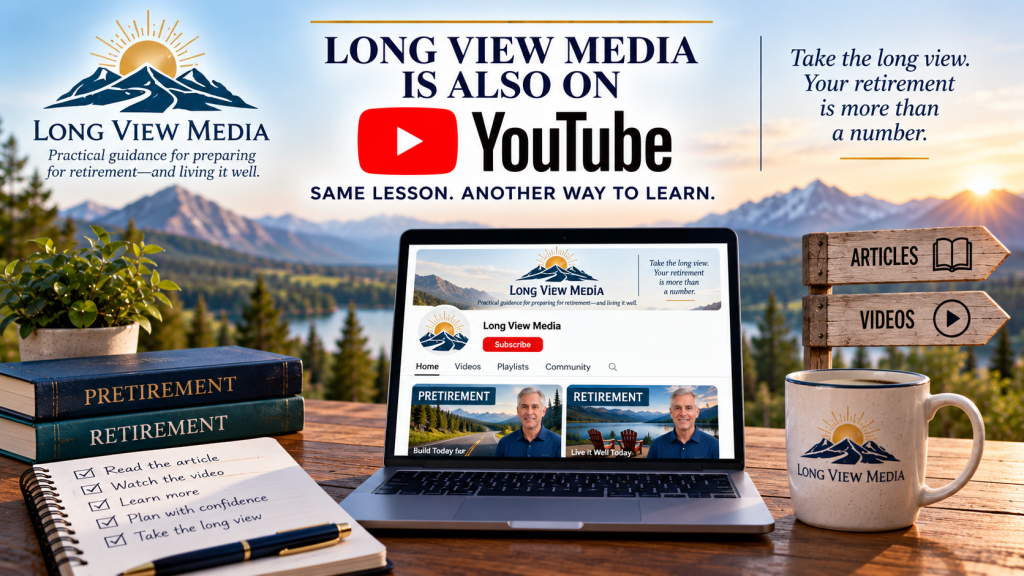 Long View Media YouTube channel displayed on a laptop beside Pretirement and Retirement books, with signs pointing to articles and videos, representing companion video lessons that complement the complete written articles