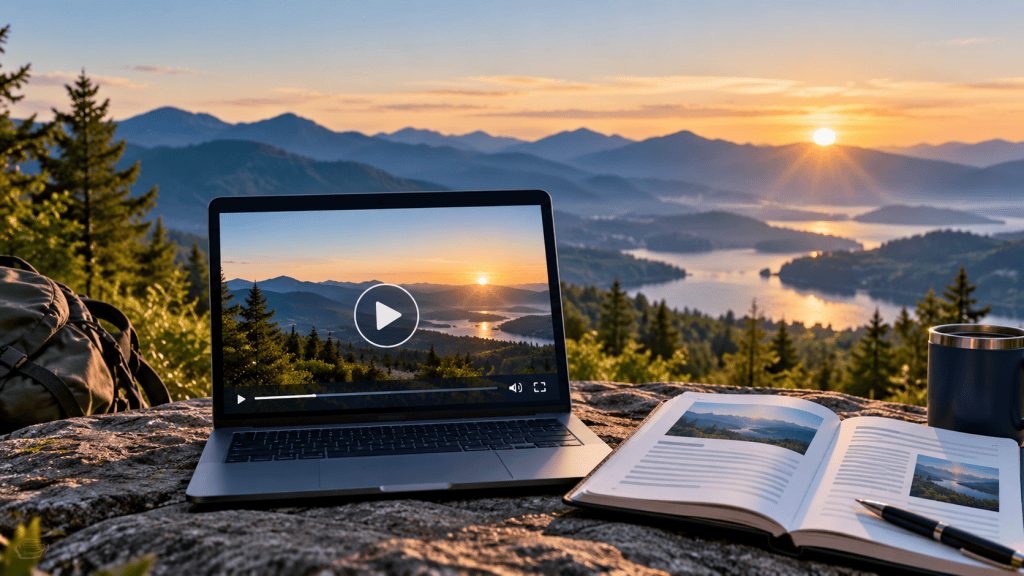 Laptop displaying a retirement education video beside an open article, overlooking a mountain lake at sunrise, representing Long View Media’s companion video and written lessons