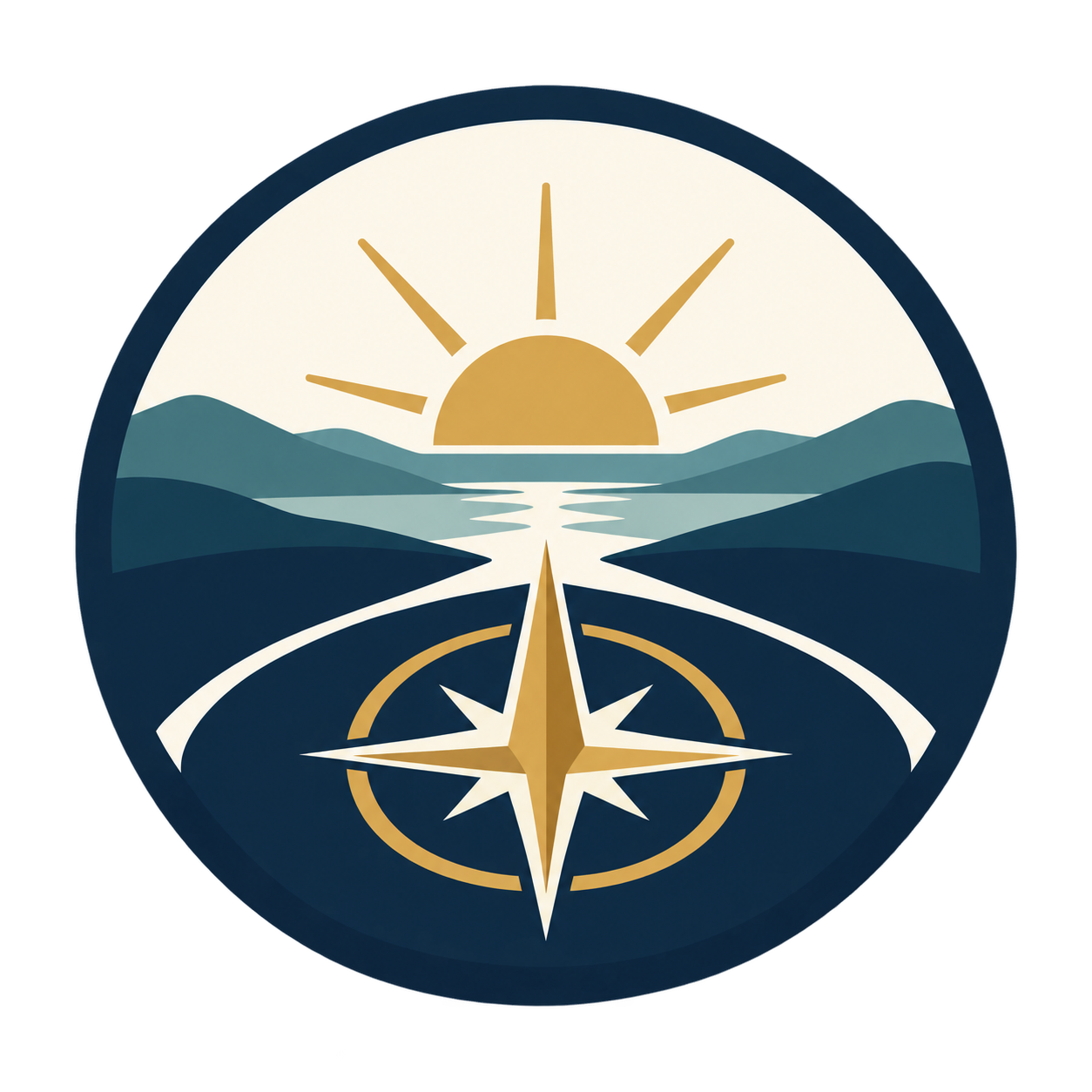 Long View Media compass logo with a sunrise, mountains, road, and compass rose
